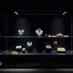 A luxury jewelry display case showcasing elegant pieces, highlighting the value of timing in pawning jewelry.